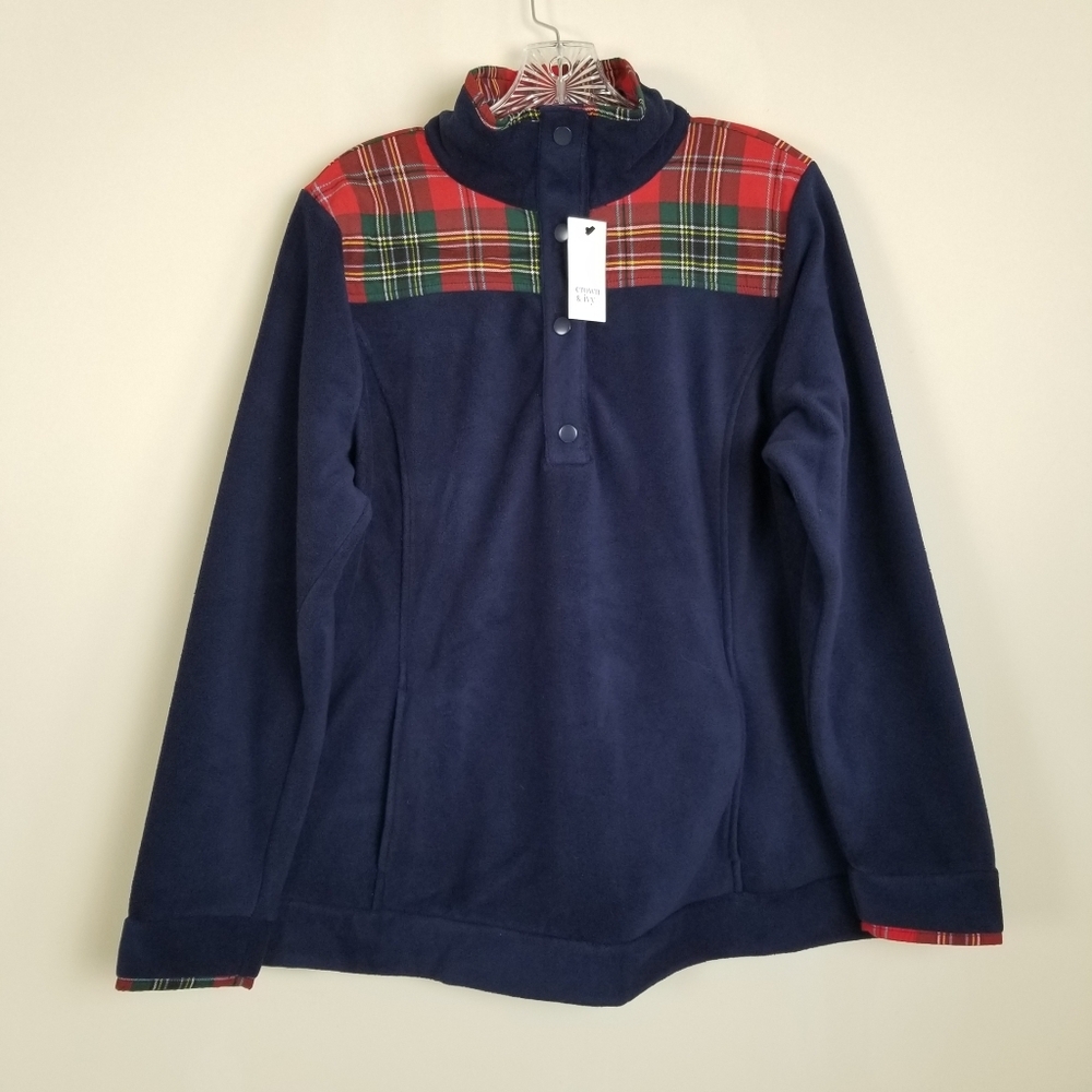 Crown & Ivy Fleece Pullover Top Jacket Plaid Detail Size 0X NWT
